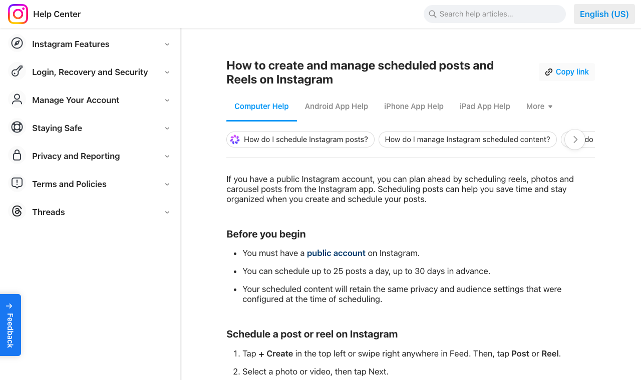 Instagram Help Center instructions for scheduling posts and Reels, including the 25-post daily and 30-day advance limits.