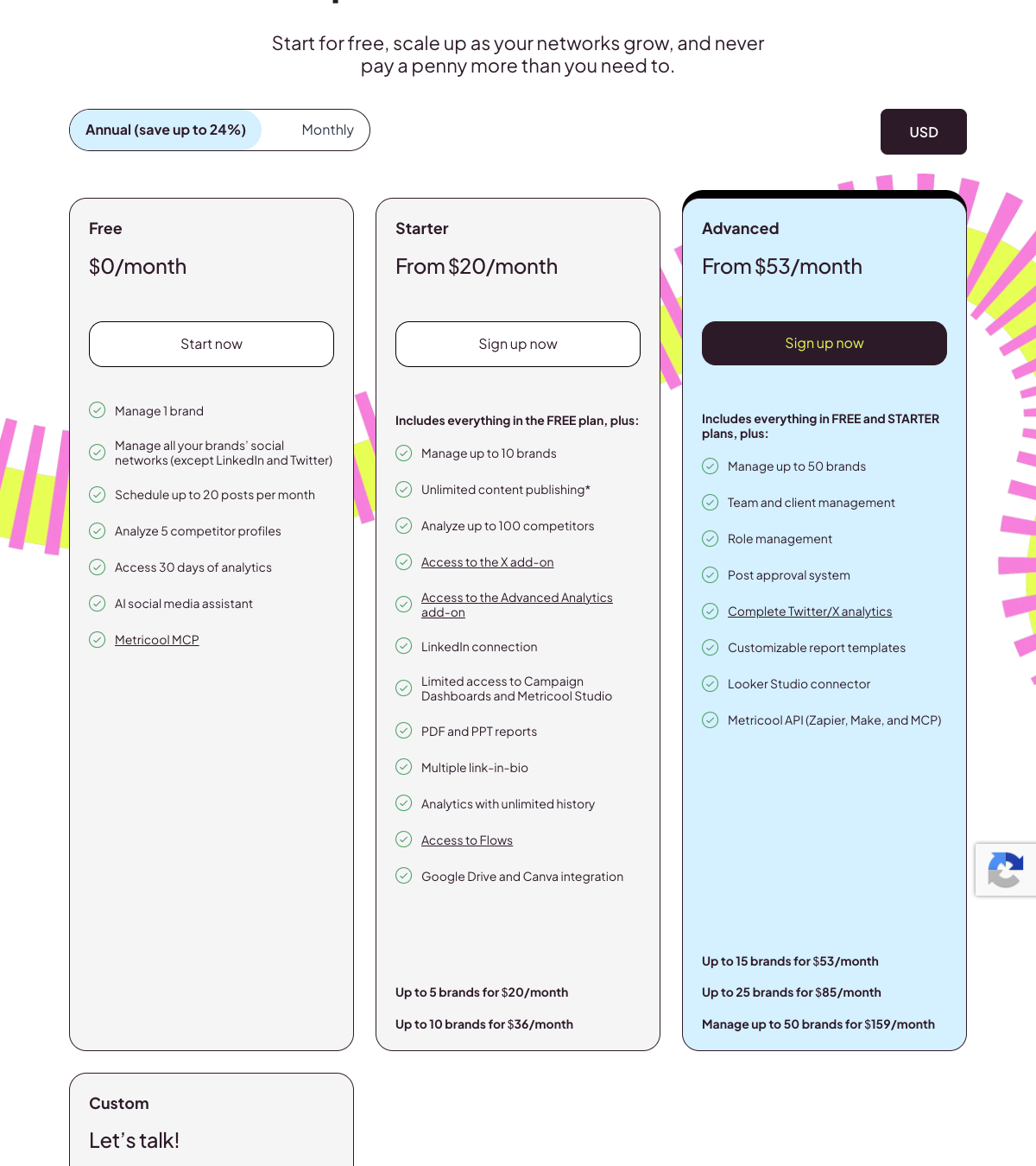 Metricool pricing table comparing Free, Starter, and Advanced plan publishing and analytics limits.